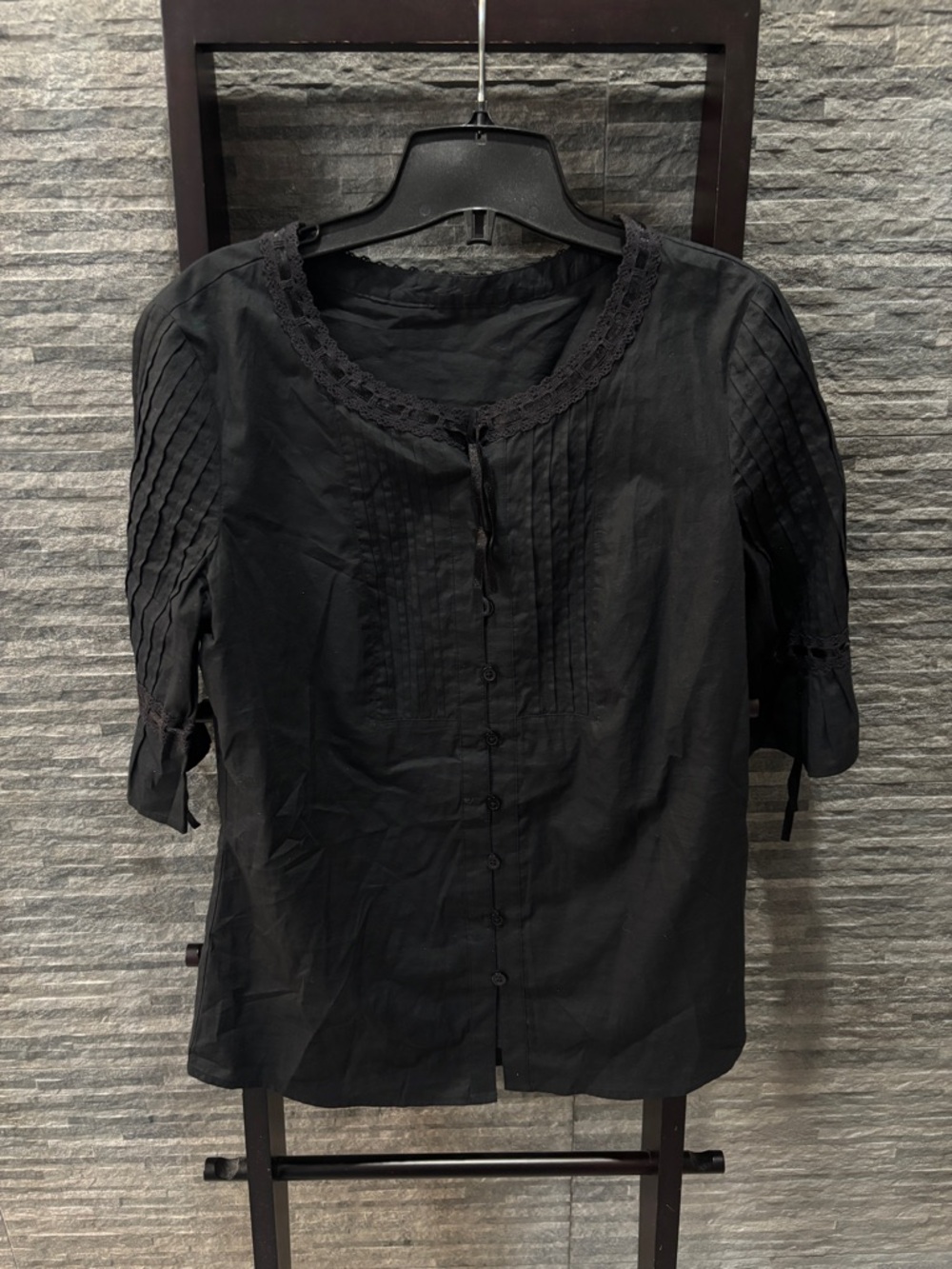Black Women's Button-Front Blouse with Lace Trim